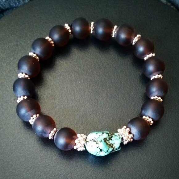 🎁🎁🎁 GIFT WORTHY ~ Beaded Bracelet + Earring Set! Turquoise + Brown + Rosegold - Picture 5 of 8
